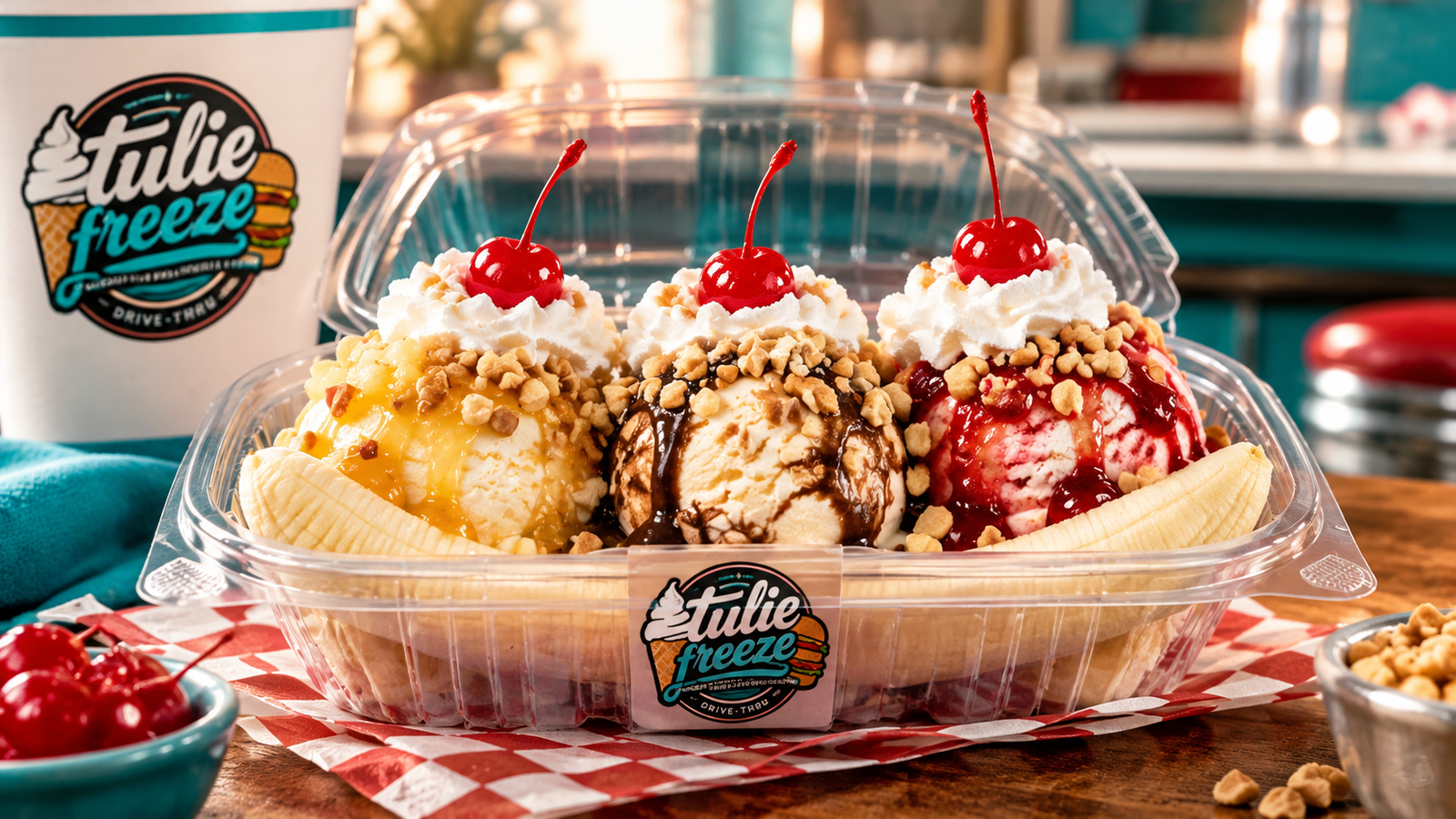 Banana split with cherries